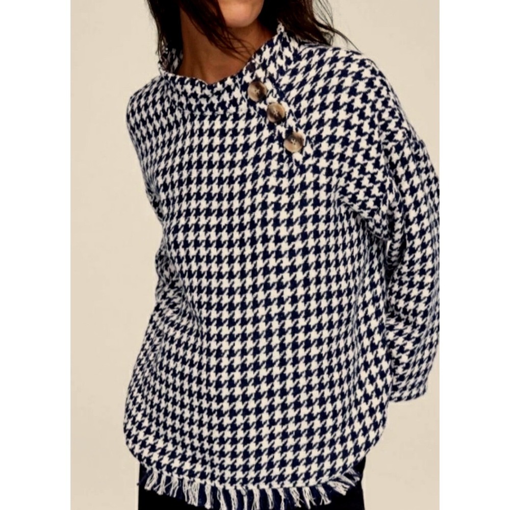 Zara Woman Navy Blue Cream Houndstooth Fringe Poncho Sweater lightweight sz SM